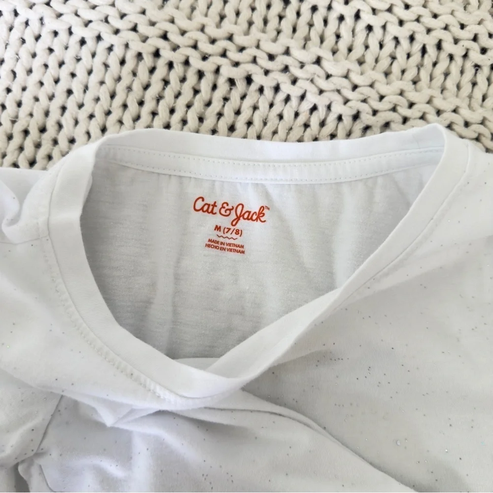 Cat & Jack Bright White Short Sleeve Glitter Girl's Tee Medium 7/8